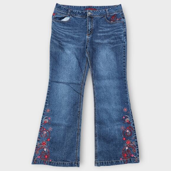 Bongo Jeans Jrs. 16.5 Blue Denim Bootcut Floral Embroidered Med-Wash VTG Y2K - Picture 1 of 7